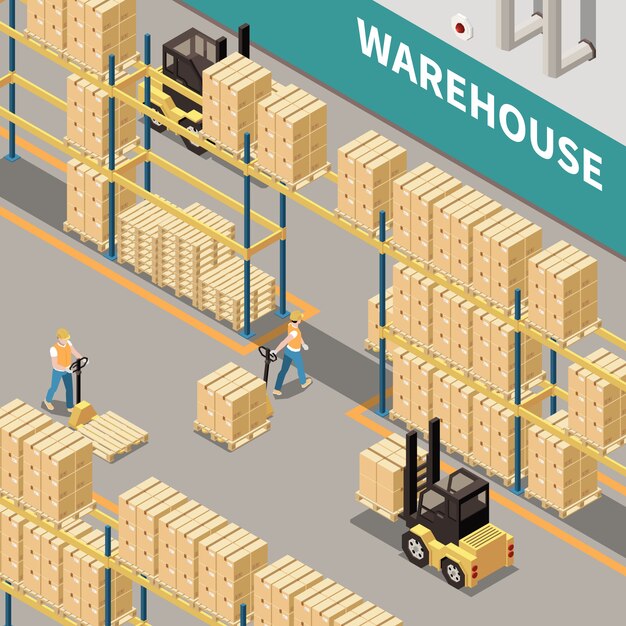 Estantes del almacén con cajas de cartón carretilla elevadora y dos trabajadores ilustración isométrica aislada del vector 3d