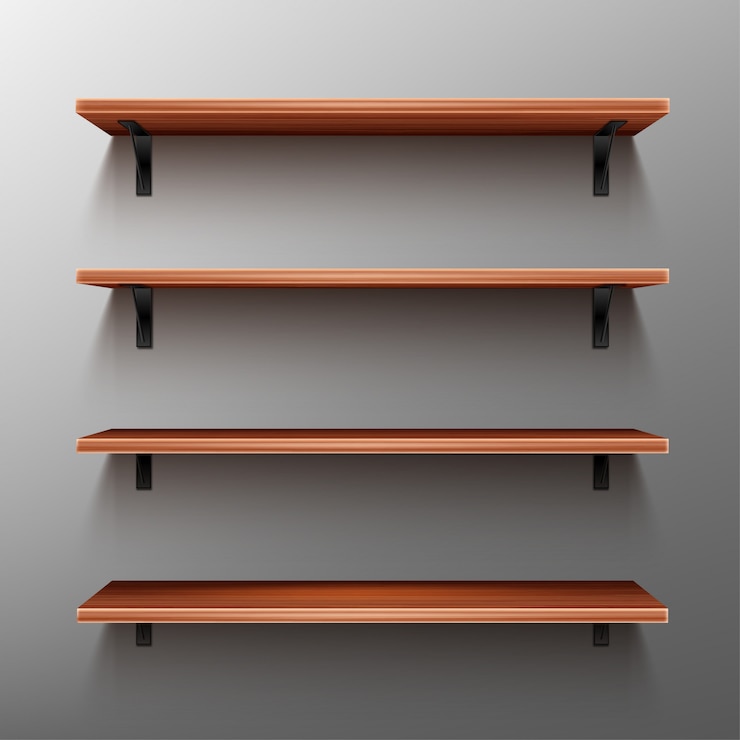 Vector gratuito estantes de madera vacíos en pared gris