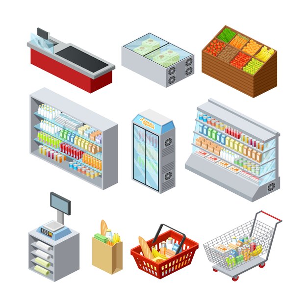 Los estantes de los supermercados muestran el mostrador de caja del congelador y la cesta de la compra del cliente