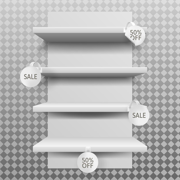 Estantes de tiendas blancas vacías con maqueta de wobblers de publicidad promocional personalizada redonda en estilo realista aislado en la ilustración de vector de fondo transparente del anuncio de venta de supermercado