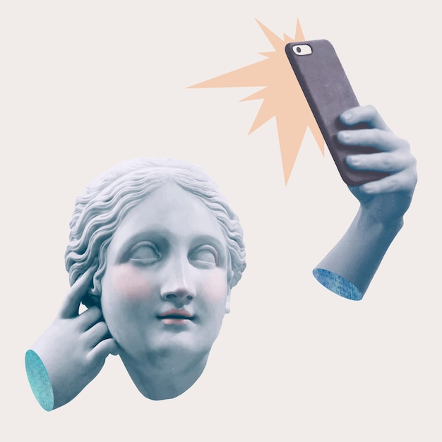 Estatua de la diosa griega selfie adicción a las redes sociales técnicas mixtas