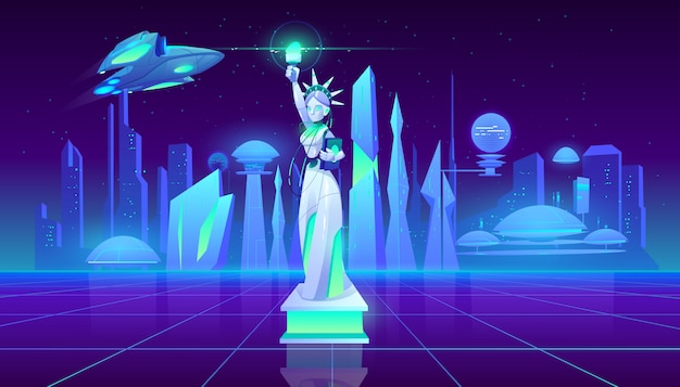 Estatua de la libertad neón ciudad futurista fondo