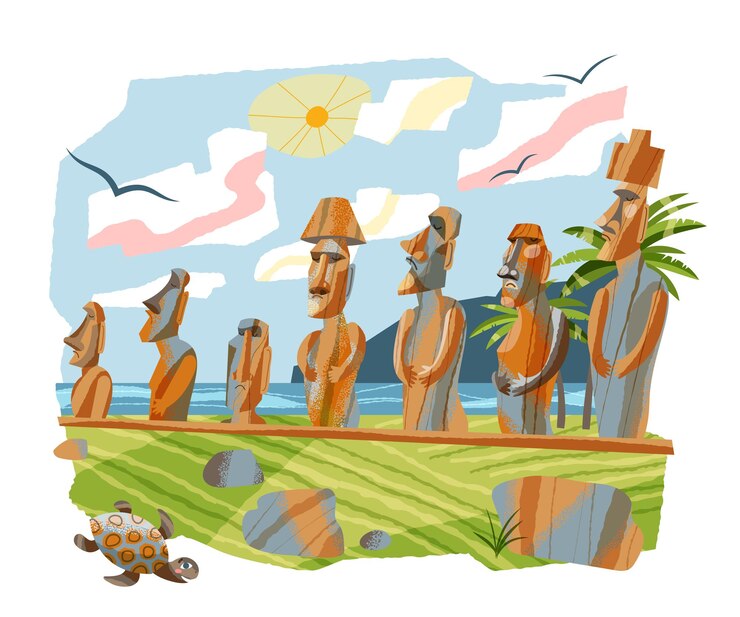 Estatuas moai en la Isla de Pascua en fila Famosas esculturas de piedra en viajes de Chile y turismo con antiguas figuras de roca misteriosa en América del Sur