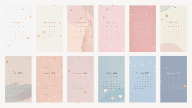 Estética plantilla de calendario mensual 2022, conjunto de vectores de fondos de pantalla de iPhone