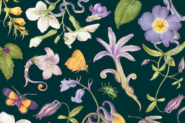 Estético vector de patrón floral púrpura sobre fondo oscuro, remezclado de obras de arte de Pierre-Joseph Redouté