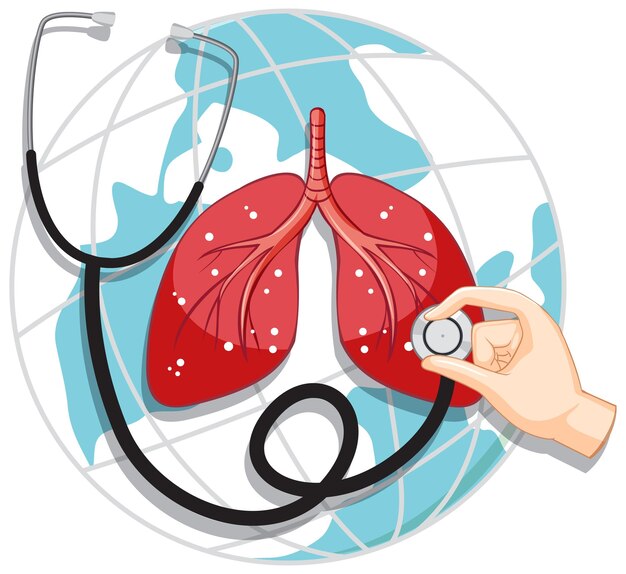 Estetoscopio y pulmones en el globo terráqueo