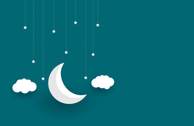 Estilo 3D media luna y fondo estrellado con diseño de nubes