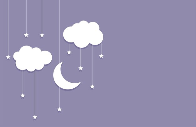 estilo colgante luna creciente y fondo de estrellas con vector de diseño de nubes