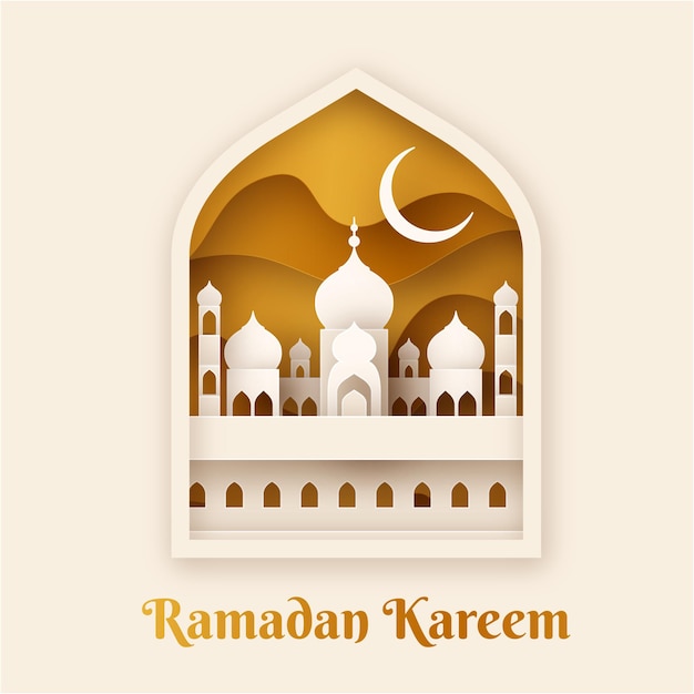 Estilo de corte de papel dorado amarillo y blanco Vector libre eid mubarak cartel del festival de la temporada de ramadán