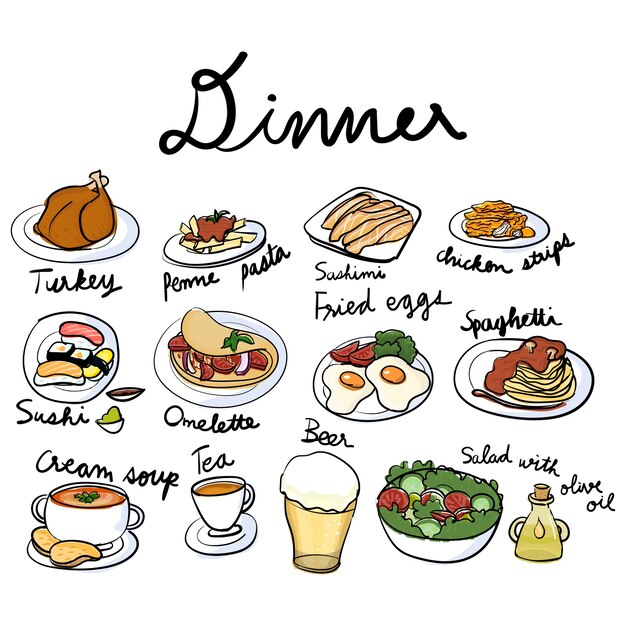 Estilo de dibujo de ilustración de la colección de alimentos