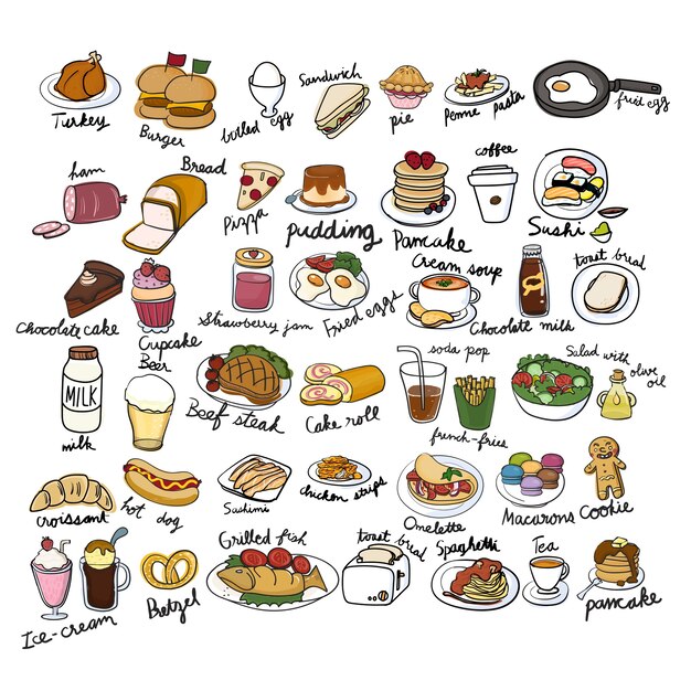 Estilo de dibujo de ilustración de la colección de alimentos
