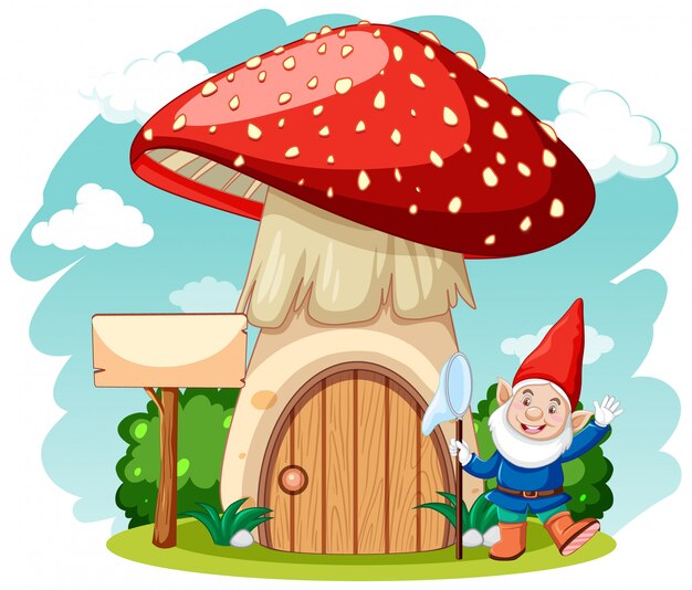 Estilo de dibujos animados de casa de gnomos y setas sobre fondo blanco