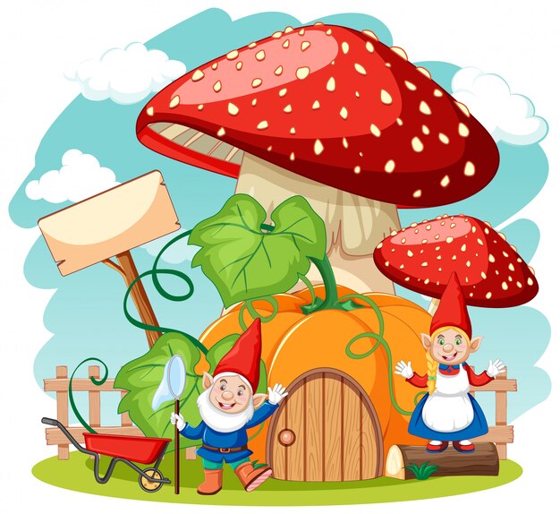 Estilo de dibujos animados de casa de gnomos y setas sobre fondo blanco
