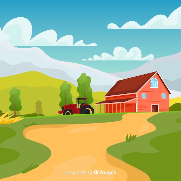 Vector gratuito estilo de dibujos animados colorido paisaje de granja
