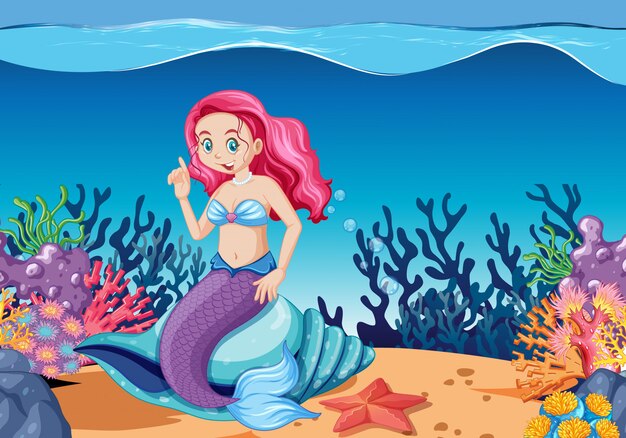 Estilo de dibujos animados lindo personaje de dibujos animados de sirena en el fondo del mar