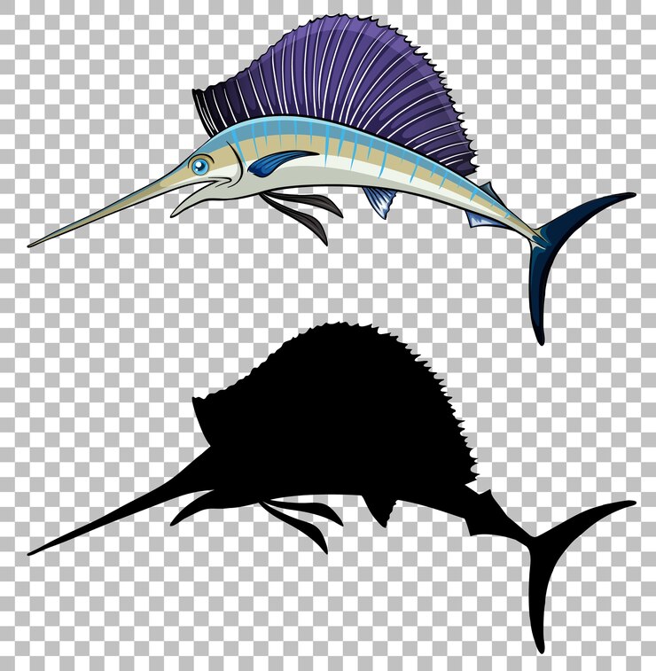 Vector gratuito estilo de dibujos animados de pez espada con su silueta