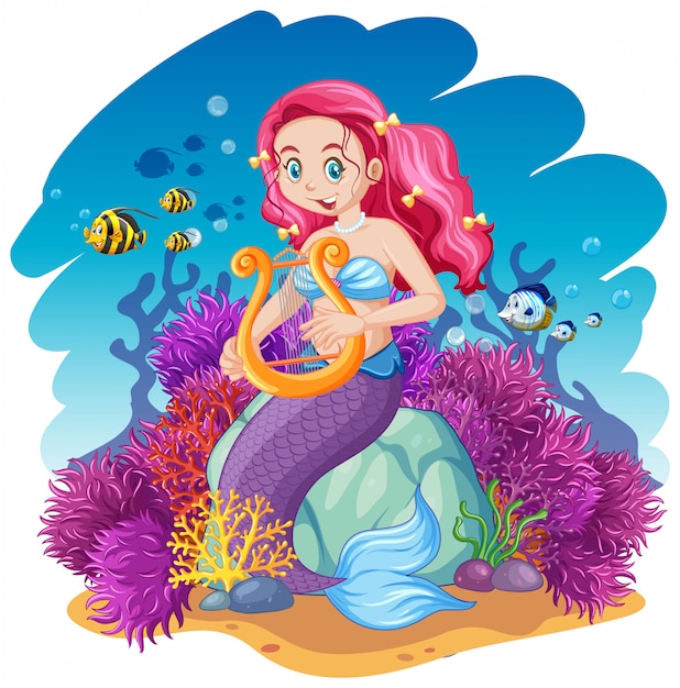 Vector gratuito estilo de dibujos animados de tema sirena y animal marino en el fondo del mar bajo