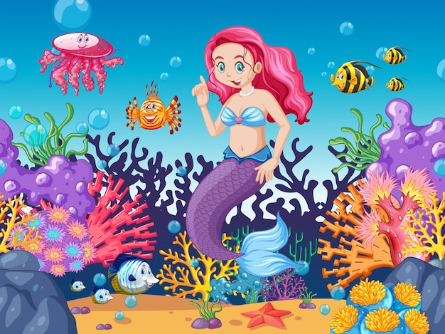 Estilo de dibujos animados de tema sirena y animal marino en el fondo del mar bajo