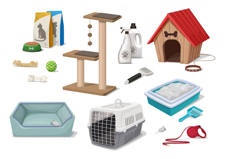 Vector gratuito estilo de dibujos animados tienda de mascotas supermercado arena para perros y gatos casa jugar árbol juguetes herramientas de aseo paquete de comida