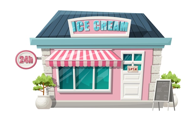 Estilo de dibujos animados de la vista de la tienda de helado de café. Aislado con arbustos verdes, cartel de 24 horas y soporte de menú.