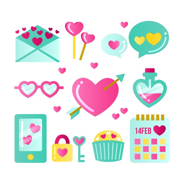 Estilo de diseño plano de colección de elementos de San Valentín