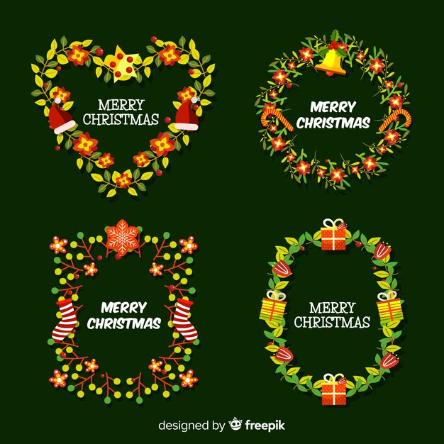 Estilo de diseño plano de colección de flores y guirnaldas de Navidad
