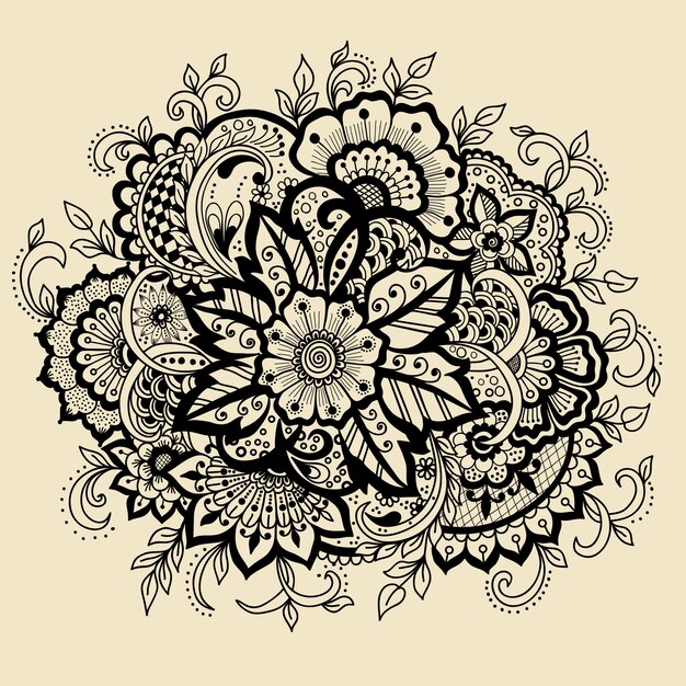 Estilo indio tradicional, elementos florales ornamentales para tatuaje de henna,