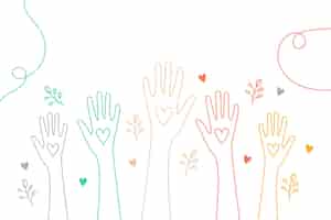 Vector gratuito estilo de línea coloridos voluntarios grupo manos arriba con el amor vector corazón