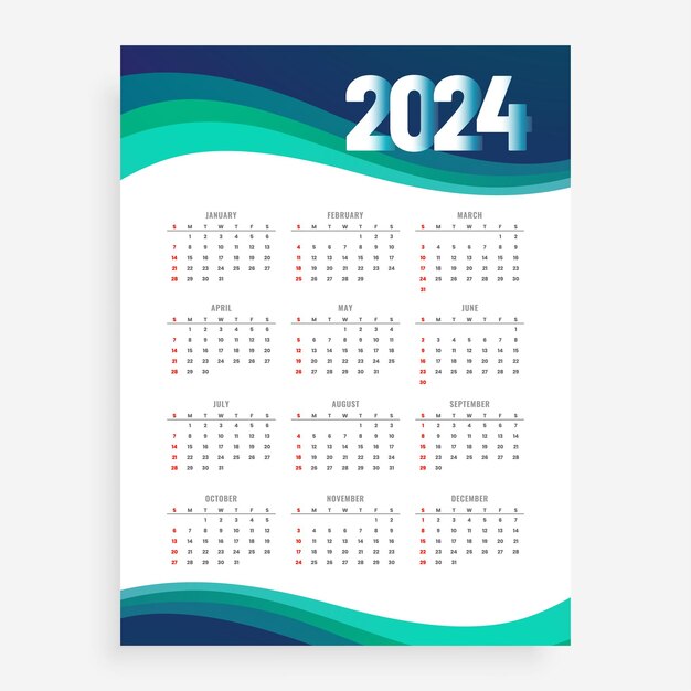 estilo ondulado 2024 año nuevo calendario inglés diseño de diseño vectorial
