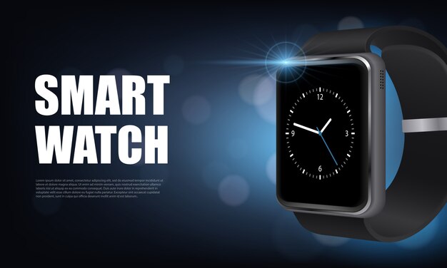 Estilo oscuro estandarte horizontal realista de reloj inteligente con ilustración vectorial para publicidad en el sitio