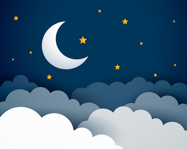 estilo papercut media luna y fondo de estrellas con diseño de nubes