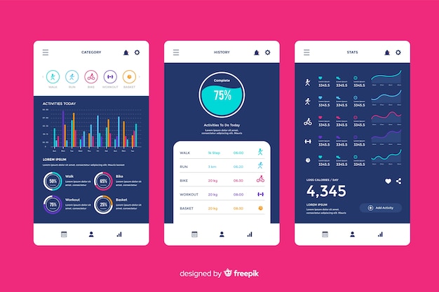 Estilo plano de plantilla de infografía de aplicación móvil de fitness