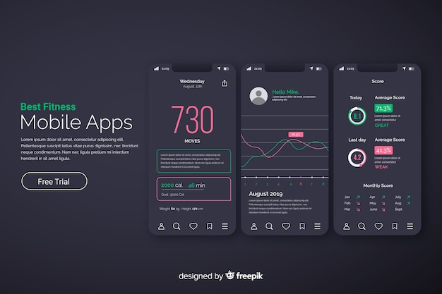 Vector gratuito estilo plano de plantilla de infografía de aplicación móvil de fitness