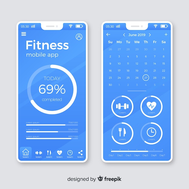 Vector gratuito estilo plano de plantilla de infografía de aplicación móvil de fitness