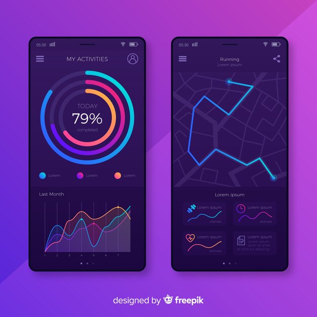 Estilo plano de plantilla de infografía de aplicación móvil de fitness