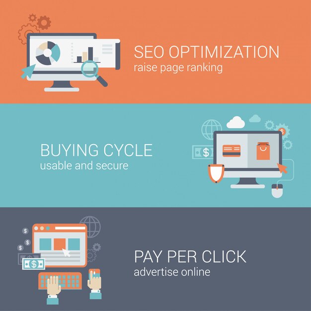 Estilo plano SEO optimización del sitio web ciclo de compra pago por clic concepto de infografía. Computadora con páginas del sitio web visitas analíticas pago en línea publicidad bloque interfaz interfaz icono banners plantillas conjunto.