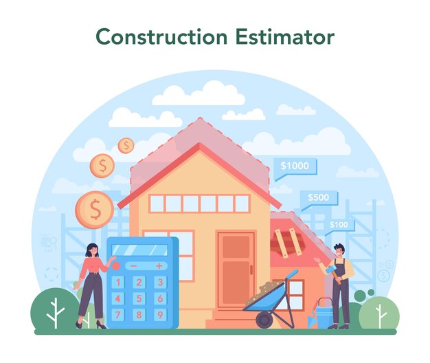 Estimador consultor financiero Servicios de tasación valoración de propiedades venta y compra Agencia inmobiliaria o especialista en negocios Ilustración vectorial plana aislada