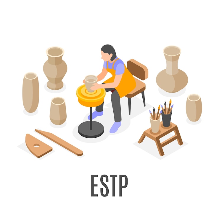 Vector gratuito estp mbti tipo de personalidad composición isométrica con personaje femenino haciendo cerámica ilustración vectorial 3d