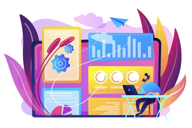 Estratega de marketing digital que trabaja con tecnologías y medios digitales. Modelado de atribución, conocimiento de marca y concepto de herramientas de medición. Ilustración aislada violeta vibrante brillante