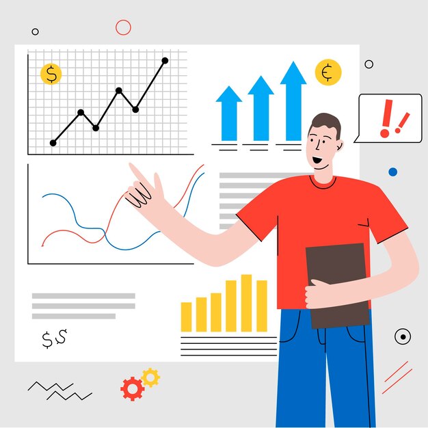Estrategia empresarial dibujada a mano con hombre trabajando