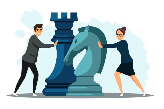 Estrategia de trabajo en equipo de hombre y mujer en el concepto de negocio. Gente moviendo figuras de ajedrez como metáfora para la asociación y el plan de solución creativa.