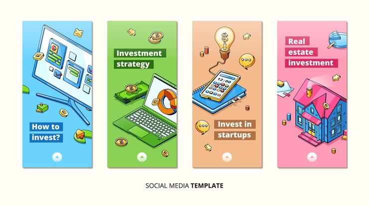 Vector gratuito estrategias de inversión, invierte en tarjetas isométricas de inicio. monitor de computadora portátil y pc con gráficos y tablas de datos, bienes raíces, teléfono inteligente, bombilla. banners verticales de arte de línea de vector 3d de análisis de ingresos