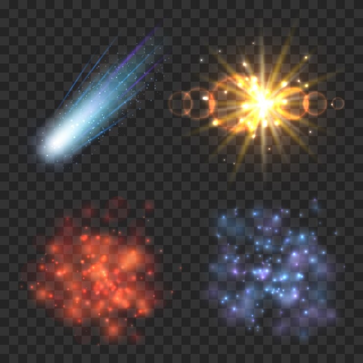 Vector gratuito estrellas espaciales, cometa y explosión sobre fondo cuadriculado de transparencia. ilustración de luz de estrella, cometa de explosión, galaxia de estrella, nebulosa y meteorito de explosión
