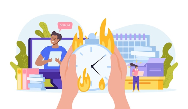 Vector gratuito estrés empresarial composición plana de reloj en llamas en manos humanas iconos de papeleo y trabajadores de oficina ilustración vectorial