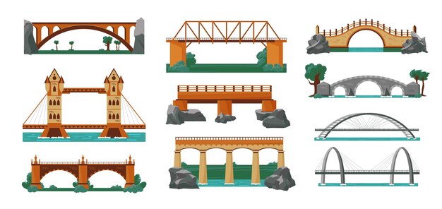 Estructuras de conjuntos de iconos de color de puentes para diferentes terrenos y paisajes en las llanuras montañosas a través del mar y la ilustración de vectores oceánicos