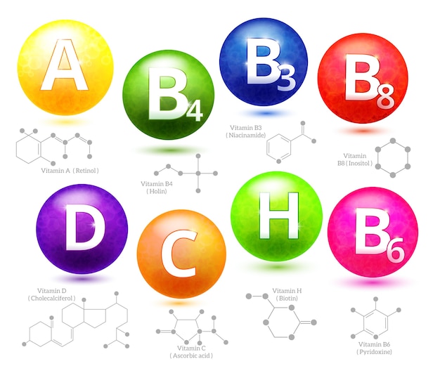 Vector gratuito estructuras químicas de vitaminas. molécula de vitamina, vitamina química molecular, vitamina química de estructura, ilustración vectorial