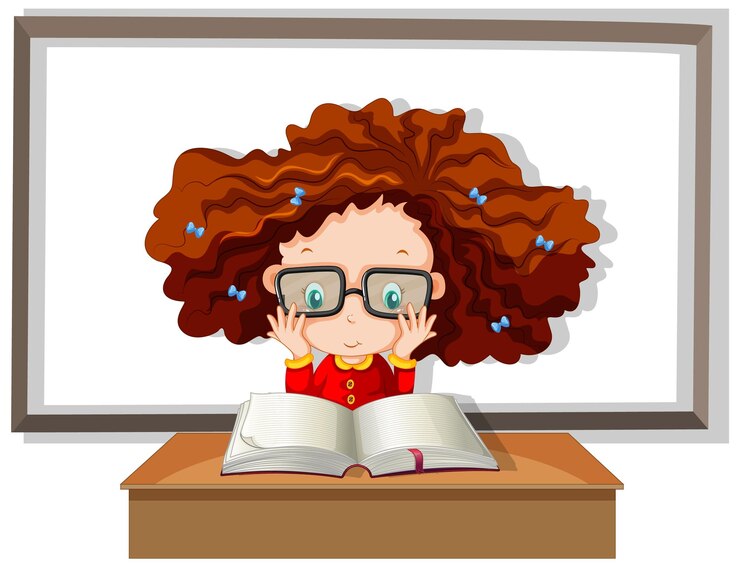 Vector gratuito estudiante con cabello rizado leyendo un libro con tablero en el backgrou