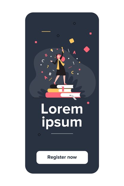 Estudiante celebrando la graduación. Chica en bata y gorra con diploma bailando en libros ilustración vectorial plana