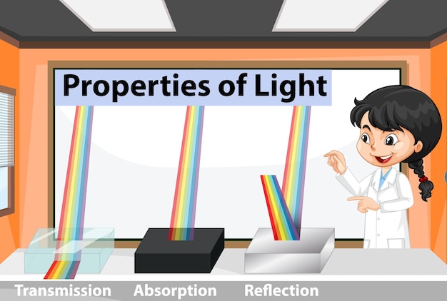 Vector gratuito estudiante científico explicando las propiedades de la luz.