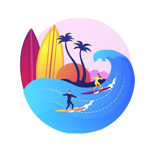 Vector gratuito estudiante de la escuela de surf. deportes acuáticos, entrenamiento individual, recreación de verano. niña aprendiendo a mantener el equilibrio en la tabla de surf. surfista femenina montando ola.